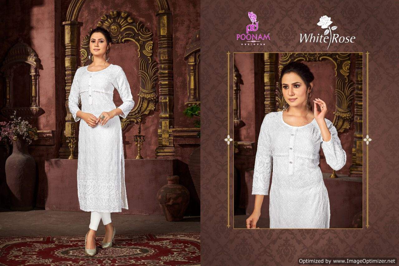 Poonam White Rose Regular Fancy Festive Wear Rayon Designer Kurti Collection